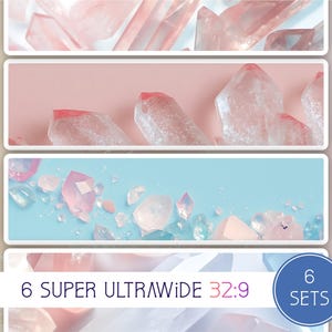 May include: A collection of six sets of crystal-themed digital art. Each set features a different background color, including pink and blue, with various crystal formations. The text "6 SUPER ULTRAWIDE 32:9" is displayed.