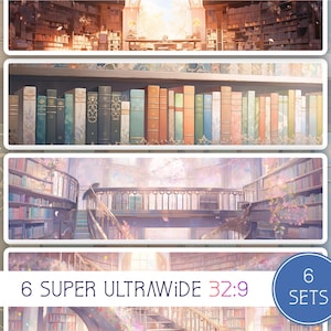 Peut inclure: Six ensembles de fonds d'écran numériques super ultra-larges 32:9 mettant en scène une bibliothèque fantaisiste avec des étagères, un grand escalier et une esthétique douce et rêveuse.