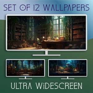 Könnte beinhalten: Ein Set mit 12 Ultra-Wide-Screen-Hintergrundbildern, die eine dunkle, geheimnisvolle Bibliothek mit Bücherregalen, einem Schreibtisch und einem großen Fenster zeigen. Die Bibliothek ist mit Ranken und Pflanzen überwachsen, und überall sind Kerzen und andere Gegenstände verstreut. Die Hintergrundbilder sind perfekt für alle, die Fantasy, Mystery oder Dark Academia lieben.