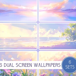 Könnte beinhalten: Digitaldruck mit sechs Dual-Screen-Hintergründen mit ruhigen Strand- und Landschaftsszenen. Das Kunstwerk zeigt Pastellfarben in Lila, Rosa und Gelb, mit dem Text "6 Dual Screen Wallpapers" und "6 Sets".