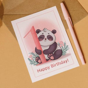 Cartão de aniversário para menina de 1 ano, Cartão de felicitações exclusivo com panda, Cartão de primeiro aniversário para imprimir, Feliz aniversário de 1 ano para menina, Download digital