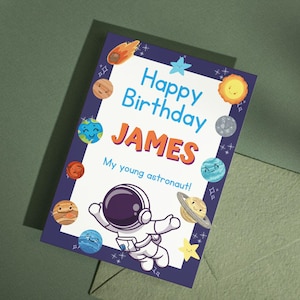 Gepersonaliseerde verjaardagskaart, verjaardagskaart met kleine astronaut, verjaardagskaart met naam, gepersonaliseerde verjaardagskaart voor jongens, digitale download