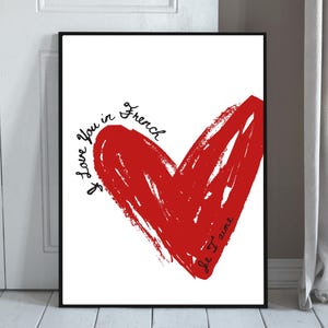 Ich liebe dich auf Französisch, druckbare Wandkunst, Je T&#39;aime Poster, Romantisches Zitat, Valentinstagsdruck, Trendy rotes Herz Poster, Digitaler Download