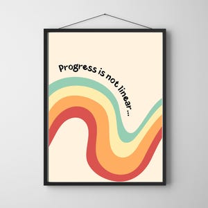 Affiche « Le progrès n&#39;est pas linéaire », art mural rétro sur la santé mentale, citation motivante imprimée, arc-en-ciel inspirant sur les soins personnels, téléchargement numérique