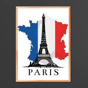 パリのフランス地図アート、パリのインテリア、エッフェル塔の印刷可能なポスター、フランスの街の壁のプリント、旅行都市のプリント、デジタルダウンロード