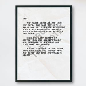 Pôster de Jersey Shore Letter, impressão de "I Wrote the Note", Snooki MTV Sam Ron, citação engraçada de reality show, arte de parede moderna, download digital