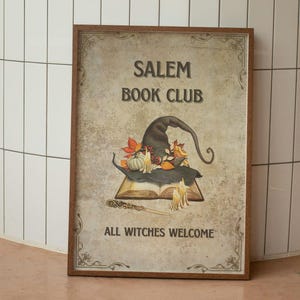 Cartaz do Clube do Livro de Salem, Impressão de livro de bruxas, Arte de parede para impressão de Halloween, Placa de boas-vindas para todas as bruxas, Cartaz de Halloween, Download digital