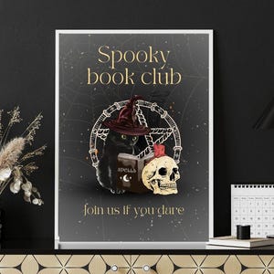 Cartaz de clube do livro assustador, arte de parede de gato preto com bruxa, impressão de caveira de Halloween, academia dark gótica, clube de Halloween de Salem, download digital