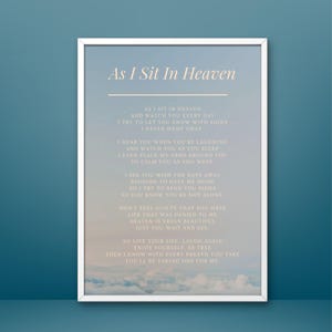 Impresión de poema funerario, Verso "Mientras me siento en el cielo" para celebrar la vida, Letrero para recuerdo de funeral, Póster de recuerdo para servicio conmemorativo, Descarga digital