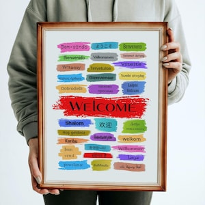 以下が含まれることがあります： 「WELCOME」という単語が大きく赤い文字で書かれた額縁付きのポスター。その周りを、さまざまな言語で「ようこそ」を意味する言葉がカラフルに囲んでいます。言語には、英語、スペイン語、フランス語、ドイツ語、ポーランド語、イタリア語、ポルトガル語、日本語、ロシア語、アラビア語、ヘブライ語などがあります。