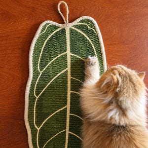 May include: A leaf-shaped cat scratching pad featuring a textured dark green surface with light beige vein patterns and a matching beige border. The scratching mat includes a small rope loop at the top for hanging, designed for feline claw maintenance.