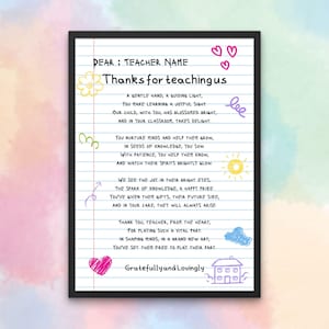 Cartão de agradecimento personalizado para professores, Poema de agradecimento para professores, Presente personalizado para pais, Pôster de fim de ano letivo, Download digital