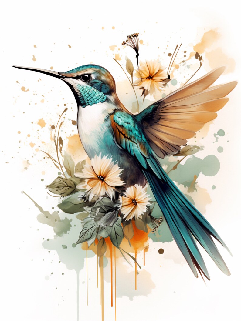 Watercolor Hummingbird With Flowers Digital ART Print Instant Download ...