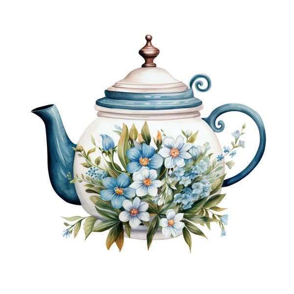 Watercolor Teapot and Flowers- Digital Art Print - Instant download - commercial use