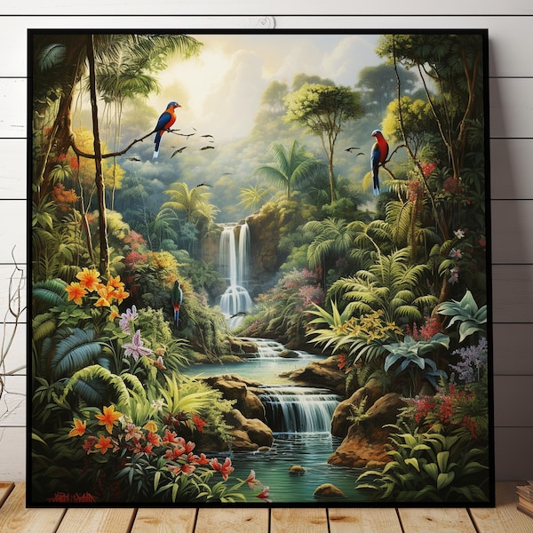 Poster: Tropischer Regenwald mit Wasserfall | Natürliches Paradies & botanische Kunst | Schönes Naturbild | Moderne Wanddeko für Wohnzimmer