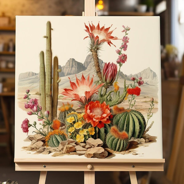 Kaktusstudie: Blühende Kakteen in Gebirgswüste | Naturwunder Poster | Botanische Kunst | Top Kunstdruck | Moderne Wanddeko für Wohnzimmer