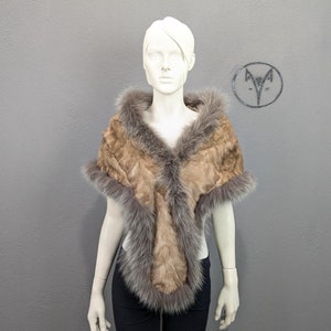 Mink Fur stole, Pastel brown color large fur etol, evening shawl shoulders wear, real Fox fur stripes.
