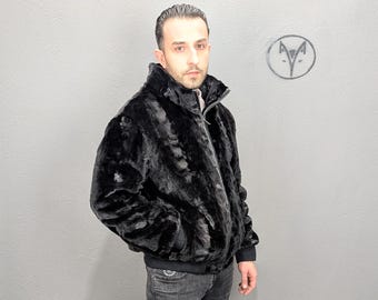 Men's Black Sheared Mink Fur Bomber Jacket: Handmade