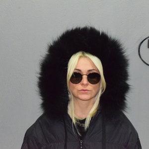 Fur trim hood, collar, black colour Finn Raccoon fluffy stripe for puffer, Womens, Mens unisex gift