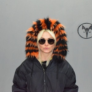 Fur trim for hood, collar, Finn raccoon black orange color, fluffy and warm detachable fur stripe, unisex fur.