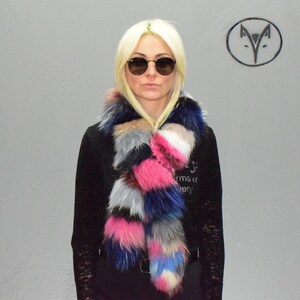 Large fur scarf, collar, neck warmer pink blue colorful Finn Raccoon fur, fluffy soft warm neck accessory, unisex wear.
