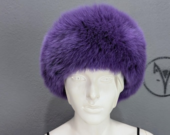 Fox fur headband-hat, purple color fluffy thick fur, Woman gift.