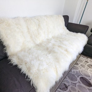 Fur blanket throw Mongolian lamb fur, light pearl white color, soft warm and luxury bed cover,