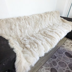 Fox fur blanket throw beige cream color, soft warm and luxury bedspread fur,