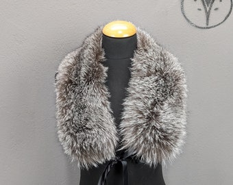Fox fur collar Silverfox colour with ribbons, Full skin Fox pelt, woman neck warmer gift.