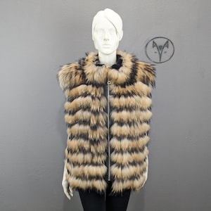 Finn Raccoon fur vest golden with black color, middle length full skin Fox with leather stripes Woman jacket.