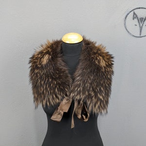 Fur collar Brown color Finn Raccoon fluffy fur with ribbons, woman gift.