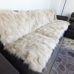 Fur blanket Finn Raccoon beige color, fur couch cover rug for winter.