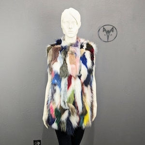 Raccoon fur vest, multicolor fur, mid length fur waistcoat. All sizes available