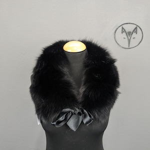 Fox fur collar black colour with ribbons fluffy soft womens gift