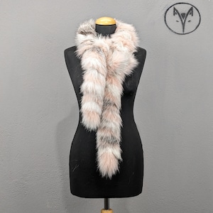 Fur Fox long scarf, collar, cowl, pink silver colour, fluffy soft warm neck accessory, unisex wear.