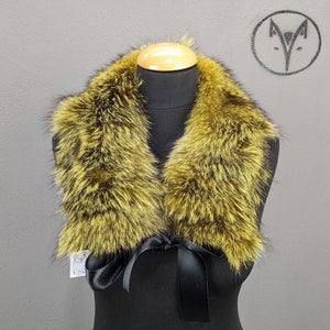 Fox fur collar electric yellow black colour with ribbons fluffy soft womens gift