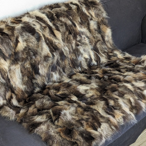 Finn Raccoon fur blanket throw, brown golden color, real soft and warm fur cover, home decoration cozy accessory.