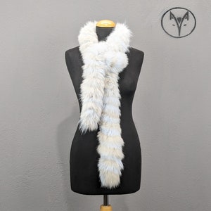 Fur Fox long scarf, collar, cowl, blue beige colour, fluffy soft warm neck accessory, unisex wear.
