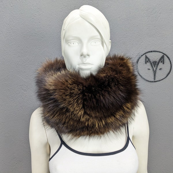 Fox fur cowl bronze brown colour, Unisex fur neck warmer with elasic fabric, fur collar scarf.