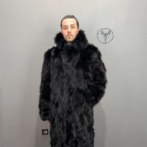 Fox black fur long coat for Men with collar, soft warm and cozy coat.
