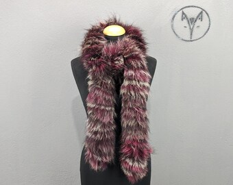 Fox fur scarf baby burgundy silver color, long scarf high quality thick fur, Women and Men neck warmer.