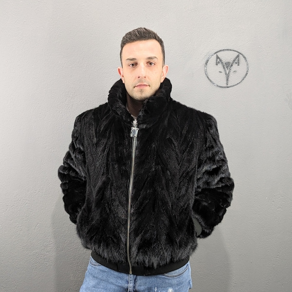 Mink black fur bomber jackets for Men, elastic cuffs and hemline, Real Mink fur.