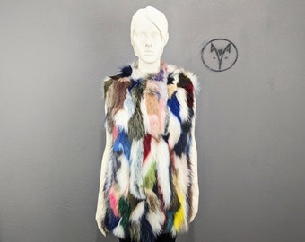 Handmade Multicolor Raccoon Fur Vest - Mid Length Waistcoat