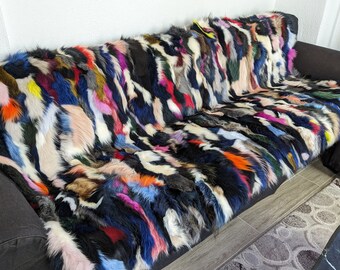 Fur Finn Raccoon blanket throw, soft warm and silky fur, mixet colorful, unisex gift