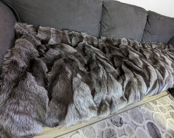 Fox fur blanket throw silver gray color, fluffy soft and warm fur bedsheet, or couch cover,