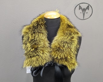 Fox fur collar electric yellow black colour with ribbons fluffy soft womens gift