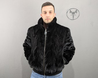Mink black fur bomber jackets for Men, elastic cuffs and hemline, Real Mink fur.