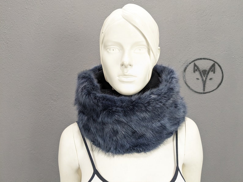 Fox fur cowl navy blue colour, Unisex fur neck warmer with elasic fabric, fur collar scarf.