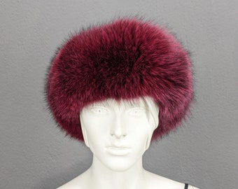 Fox fur headband-hat, Burgundy color fluffy thick fur, Woman gift.