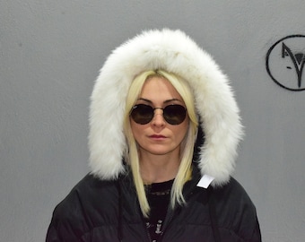 Fox fur trim hood, collar, pearl white Fox fur fluffy detachable hood stripe, Womens Mens unisex gift.